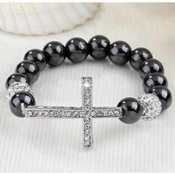 Black/Sliver Beaded Rhinestones Crucifix Religious Expandable pair of Bracelets - Picture 4 of 8